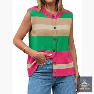 Striped Sweater Vest Button Up Sleeveless Cardigan Knit Top